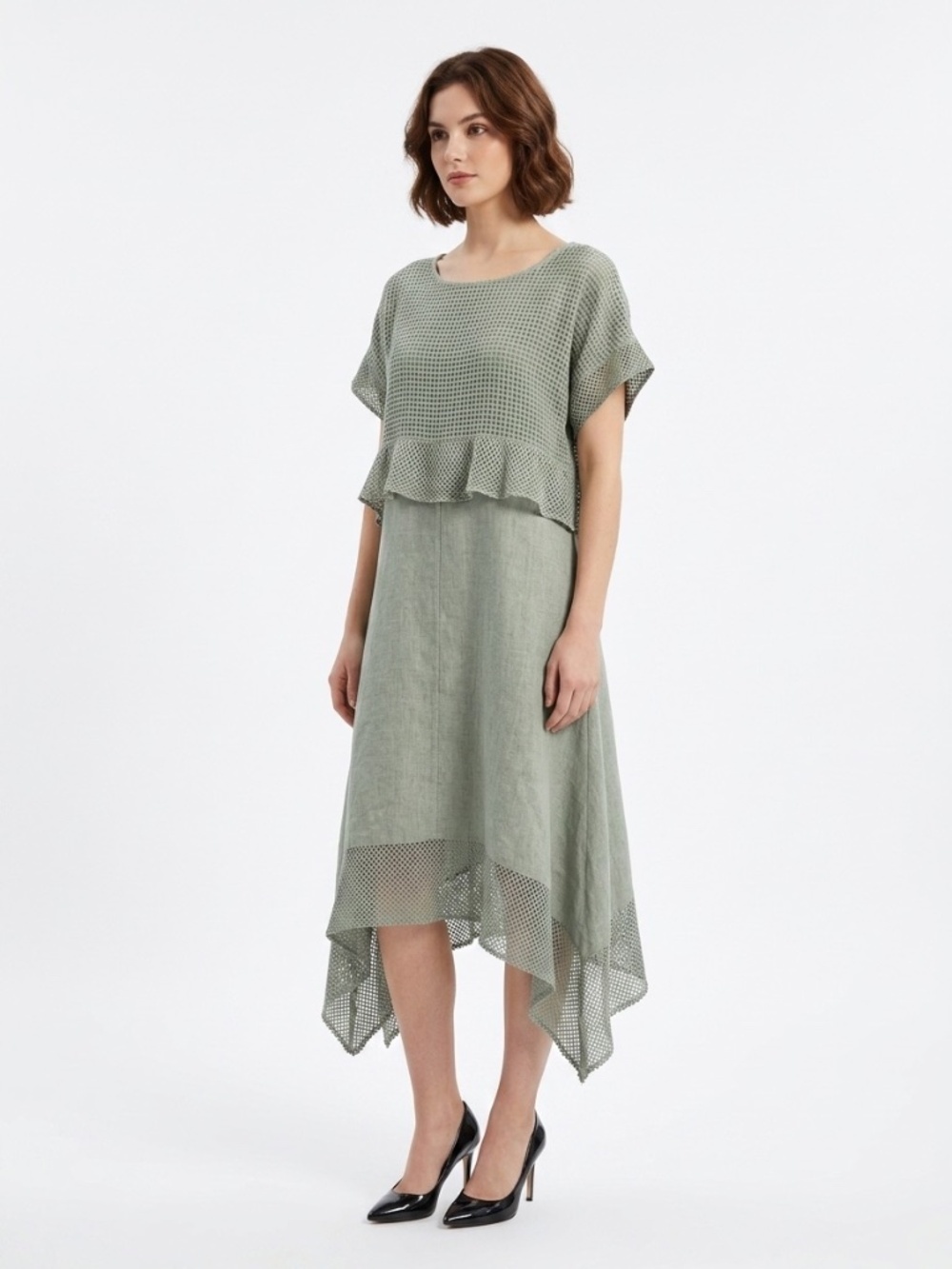 MADE IN ITALY High Low Women's Babydoll Dress Sage Green Linen Layered Sz M
